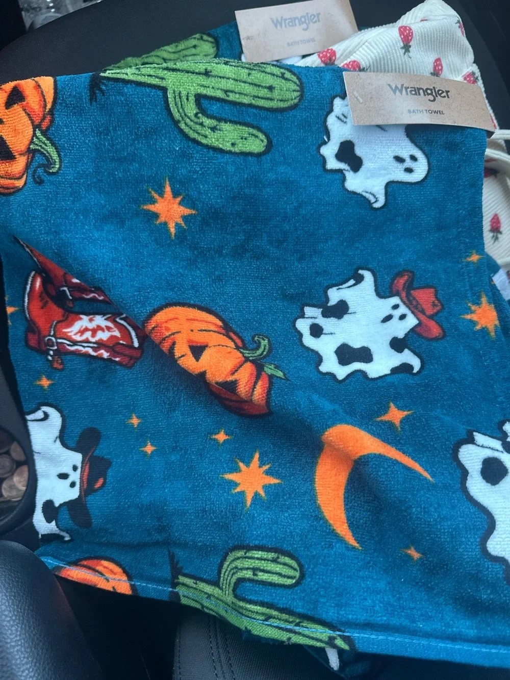 Wrangler Halloween Towel Set 4pc Teal Cowboy Ghost Pumpkin Cactus Cotton NEW